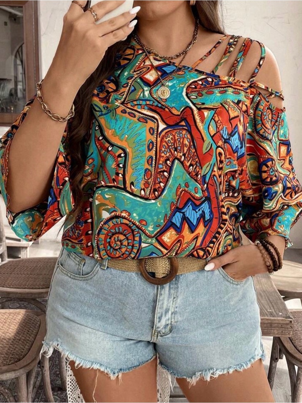Emily Rose Multicolor Cold-Shoulder Abstract Print Top